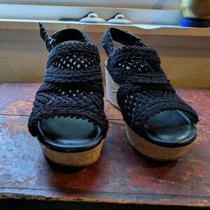 Black crochet cork wedge sandals